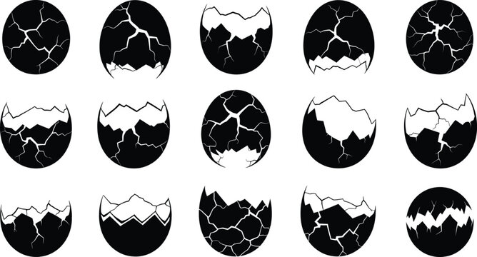 Set of black cracked eggs and broken egg shells icons in a collection