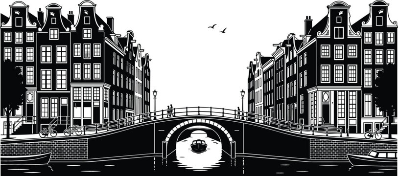 Vector illustration of Amsterdam canal landscape featuring historic traditional houses, arched bridge, boats, and city street elements in black silhouette style.