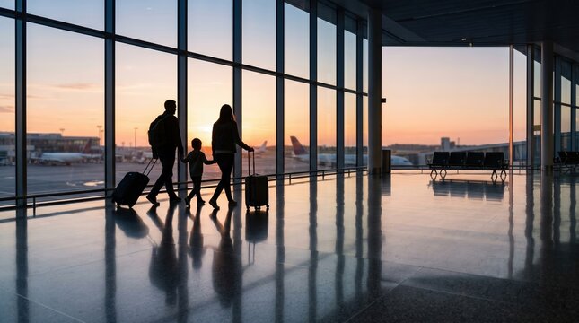 Family walking with luggage at airport terminal during sunrise