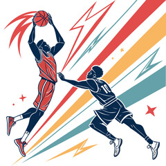 Basketball player scores a basket with defender nearby energetic background slam dunk © harun