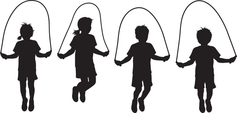 Children jumping rope silhouette set showing active boys and girls playing during school break or gym class fun.