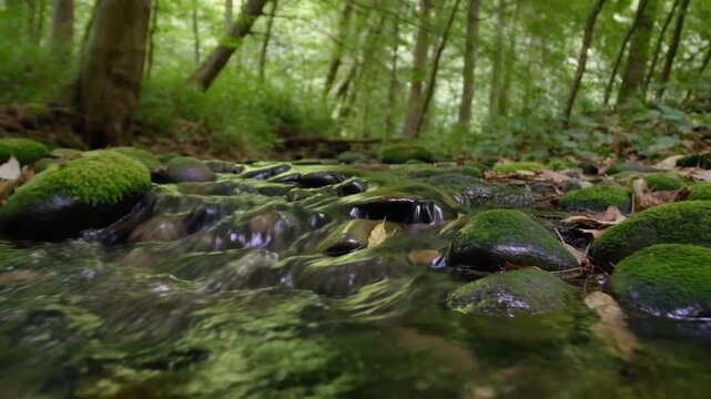 Slow motion tracking shot of moss covered rocks with water flowing in forest stream at daylight