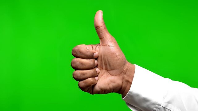 Close up of a hand giving a thumbs up gesture on a green screen background.