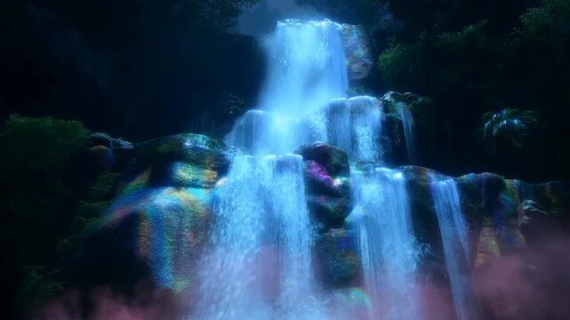 Slow motion static shot of waterfall cascading over moss covered rocks with colorful mist in tropical jungle at night
