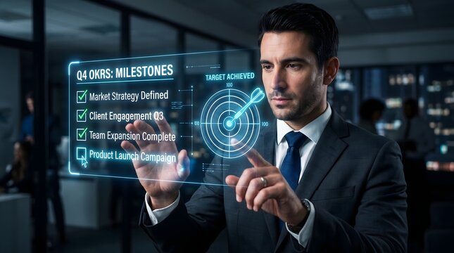 Businessman interacting with virtual q4 okrs milestones dashboard in modern office