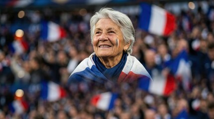Obraz premium Senior French football supporter smiling in stadium with national flags