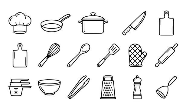Kitchen utensils, chef hat, and cooking tools line icons vector