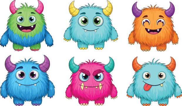 Vector set of cute fuzzy monster characters with colorful fur and horns, friendly cartoon alien creatures isolated on white background.