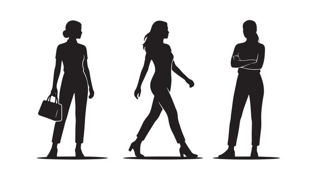 Silhouettes Of Three Women Standing And Walking In Different Poses Isolated On White For Business And Lifestyle Concepts