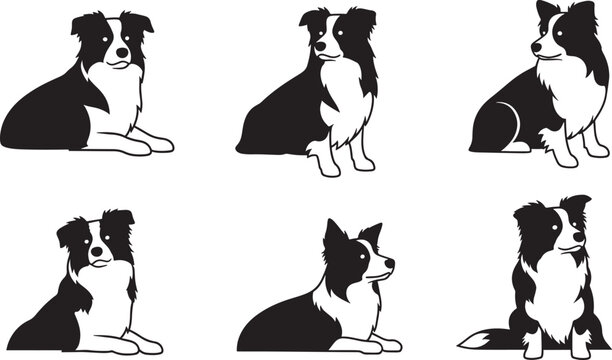 Collection of black border collie dog silhouettes in sitting and lying positions, loyal pets, herding dogs.