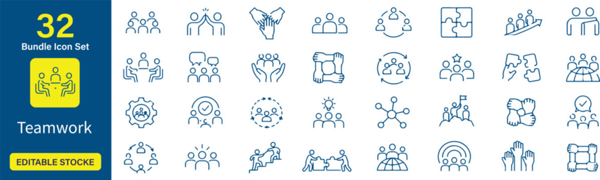 Set of 32 Teamwork icons Each icon will be different, create a vector outline icons using white background and black color,