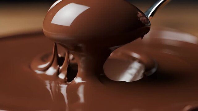 Closeup of a spoon scooping rich melted chocolate in slow motion.