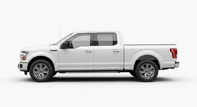 Side view of a white pickup truck isolated on white background