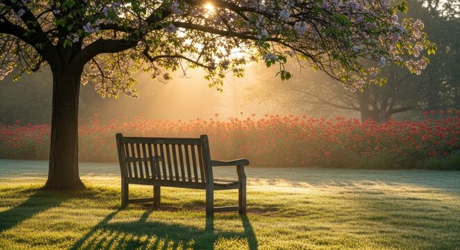 Tranquil outdoor scene with bench beneath tree bathed in sunlight