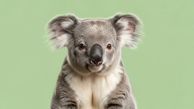 Close-up portrait of a curious koala against a green backdrop