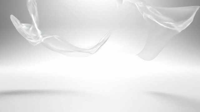 Abstract white background with soft flowing waves and subtle silver particles. Minimalist design with smooth translucent layers and bright lighting for a clean, professional aesthetic.