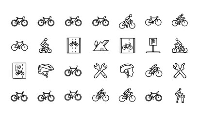 Fototapeta premium Cycling, bicycle store, and bike repair shop line icons vector