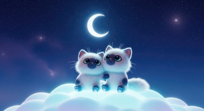 Two cute animated cats on cloud under moon in night sky illustration