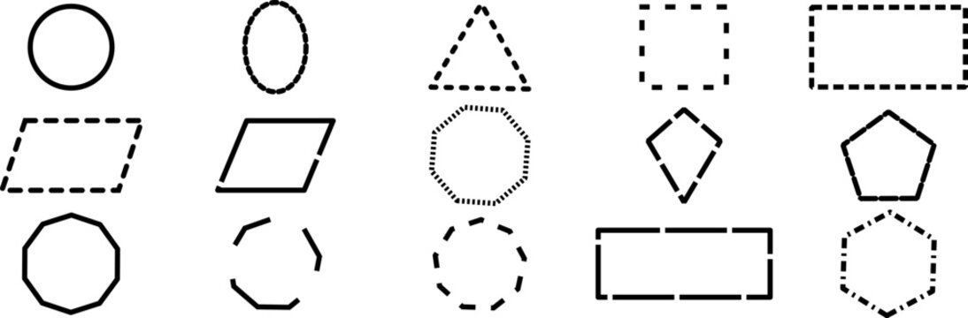 Set of dashed line geometric shapes, outline of various polygons, black stroke geometry set