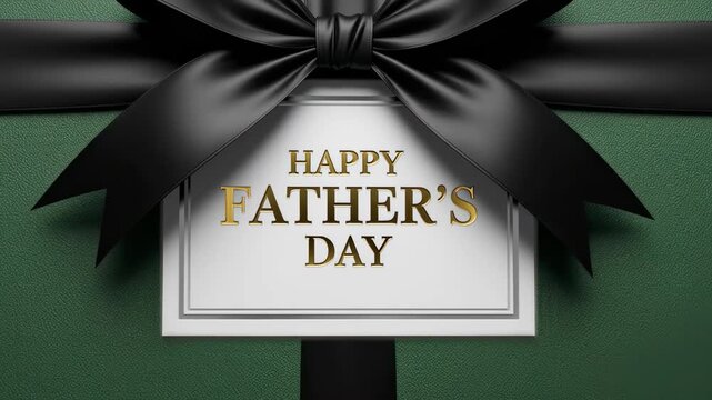 Elegant green gift box with black ribbon and "happy father's day" tag. progressive closeup across three frames highlighting luxury wrapping and bow
