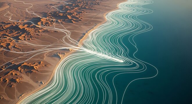Aerial View of a Desert Coastline with Turquoise Water and White Foam Patterns