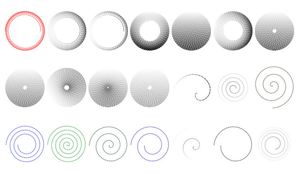 dashed black spiral line elements, dotted circular patterns, vector swirl graphics