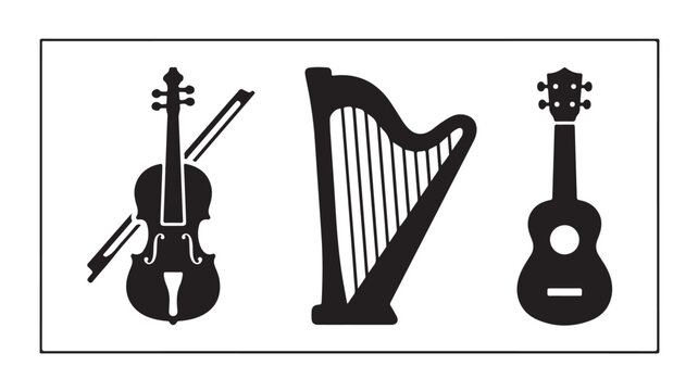 Black silhouettes of violin, harp and guitar on white background for music concepts
