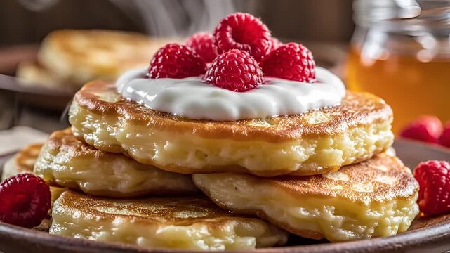 Delicious Stack of Pancakes Topped with Cream and Fresh Raspberries.