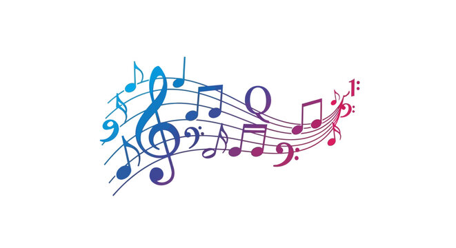 Vibrant music notes in blue, purple, and pink hues float playfully on a white background.