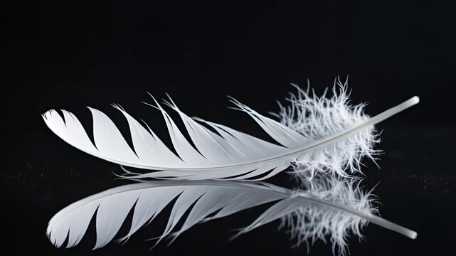 Elegant White Feather Floating and Reflecting on Black Surface.