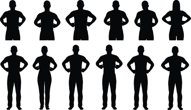 Silhouette set of people standing with hands on hips, collection of male and female figures showing confidence, power, and assertive body language isolated vector graphic.