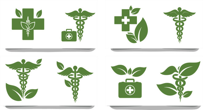 Green eco medical pharmacy logos set with caduceus medical cross icons first aid kits and organic herbal leaves symbols.