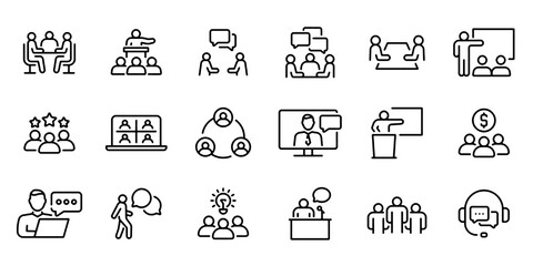 Fototapeta premium Meeting Line Icon Set, Conference Team Brainstorm Vector Collection