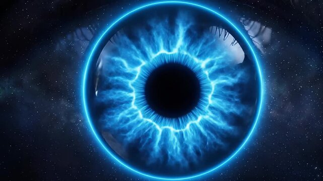 Glowing cybernetic eye with electric blue irradiation patterns iridescent