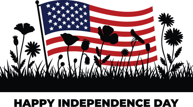 Majestic American flag waving amidst blooming flowers and green grass field symbolizing national holiday