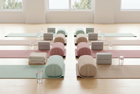 Prenatal yoga class setup with neatly arranged mats, bolsters, blocks, and water glasses