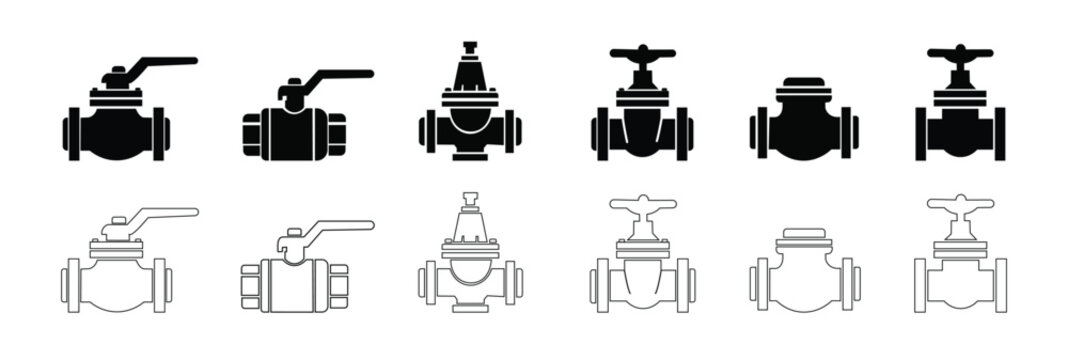 Industrial Pipe Valve Icon Set for Plumbing and Pipeline Control Vector Illustration