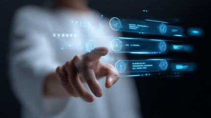 Fototapeta premium Futuristic interface with holographic data stream and interactive chatbot technology in a modern setting