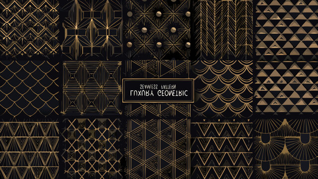 Art deco geometric patterns a collection of nine square gold and black vector illustrations pattern illustration repeating decorative design 1920s style