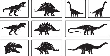 Grid of various black dinosaur silhouettes, including Tyrannosaurus Rex, Stegosaurus, and Brontosaurus, presented in individual frames on a white background. © MD