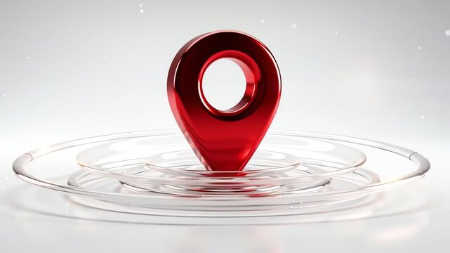Red Location Pin Dropping Into Water Creating Ripples.