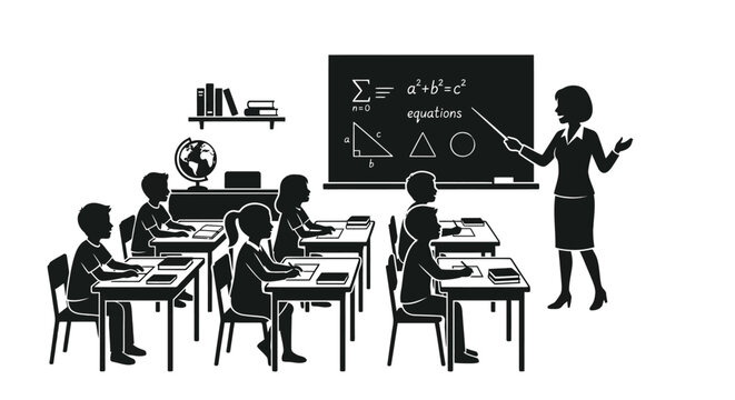 Classroom Silhouette Against White Background Students And Teacher Learning