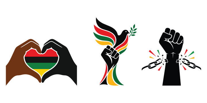 Black liberation symbols with heart hands and broken chains symbolizing freedom day juneteenth unity and pride