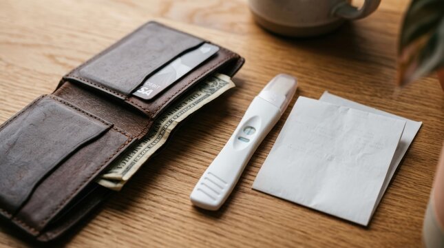 Detail plain wallet partly open beside unbranded items on wooden surface