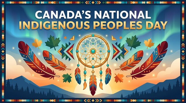 Canadas national indigenous peoples day celebration background with dreamcatcher and feathers