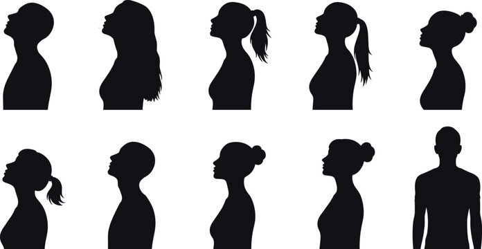 Silhouette set of people looking up and ahead, collection of male and female profile portraits showing hope, vision, and curiosity body language isolated vector graphic.