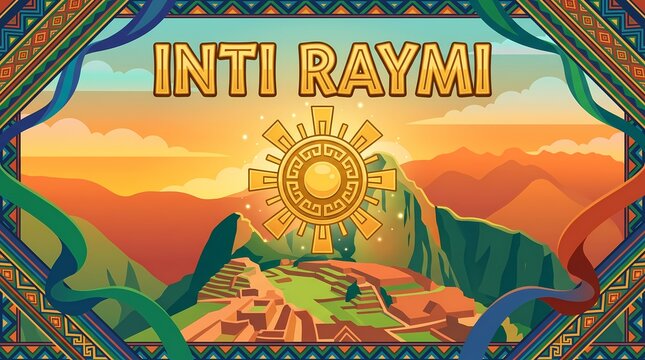 Inti raymi festival celebration with machu picchu and golden sun symbol