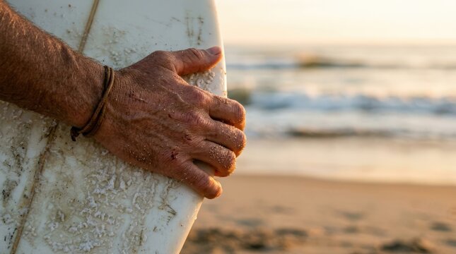 Hands only close - up of surfing enthusiast gripping edge of surfboard