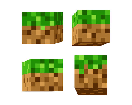 Set of pixel art grass and dirt cube blocks in square arrangement on transparent background