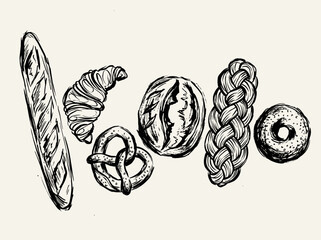 Fototapeta premium Minimalist brush line art of baguette, croissant, pretzel, sourdough, challah, and bagel, ink sketch